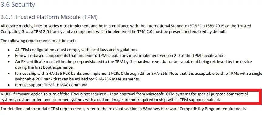 中国可能是例外：虽然微软强烈要求 TPM 2.0，但 OEM 仍可推出无 TPM 的 Win11 PC